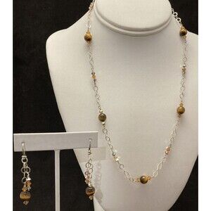 Young Again Sterling Silver 925 Tiger's Eye 21'' Necklace &‎ Earrings Set 14g